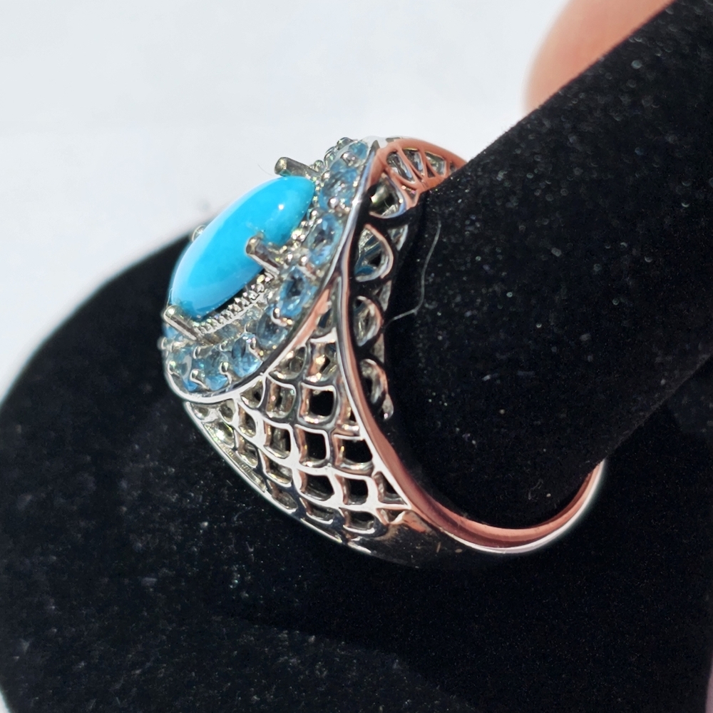 Sleeping Beauty Turquoise & Electric Blue Topaz Ring Platinum over 925 Size 10 - Picture 7 of 11